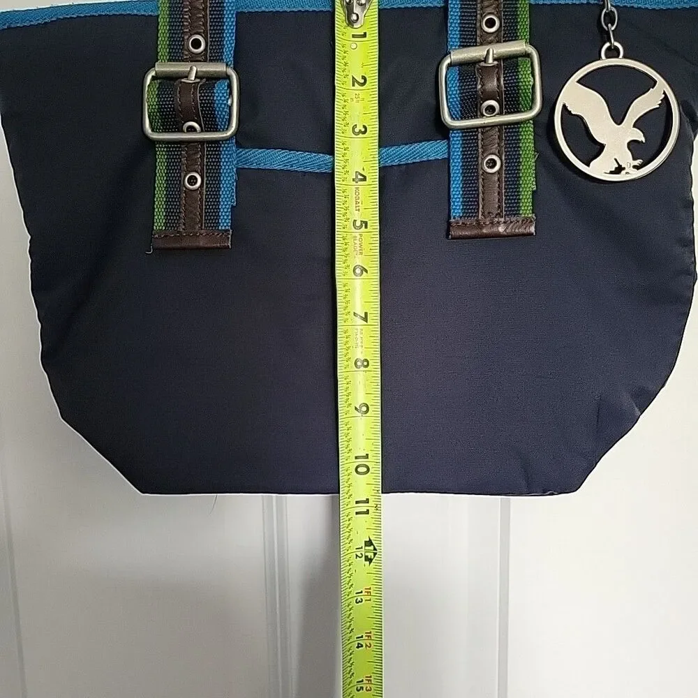 Y2K American Eagle Navy Blue Buckle Tote Bag with Keychain Logo